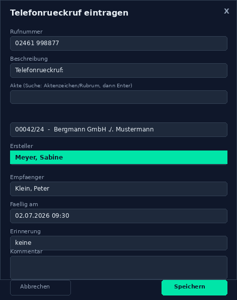 AnNoText Maske zum Eintragen eines Telefonrückrufs, direkt aus dem Anrufmonitor heraus geöffnet