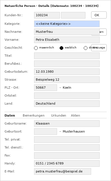 ProNotar Ansicht einer natürlichen Person, geöffnet über den FiF Anrufmonitor